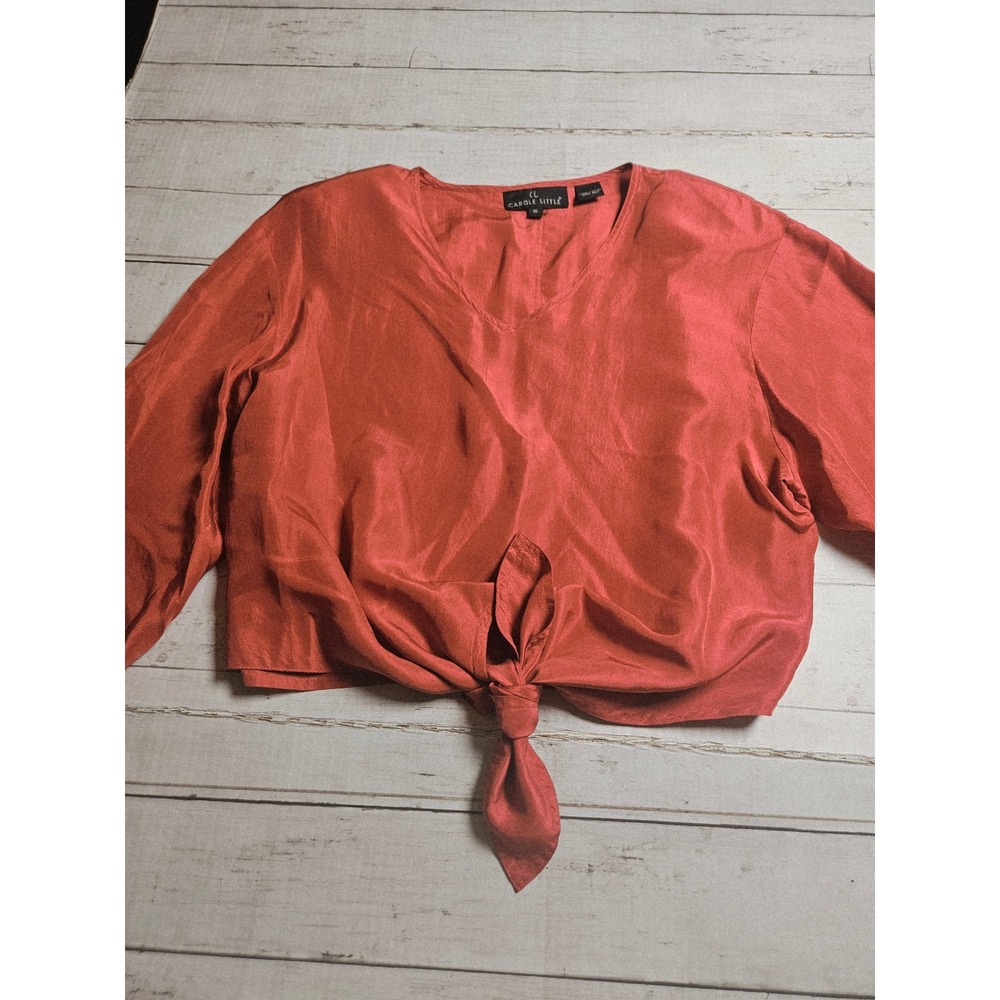 Vintage Carole Little Womens Red 100% Silk Tie Front V-Neck Blouse Top Size 10